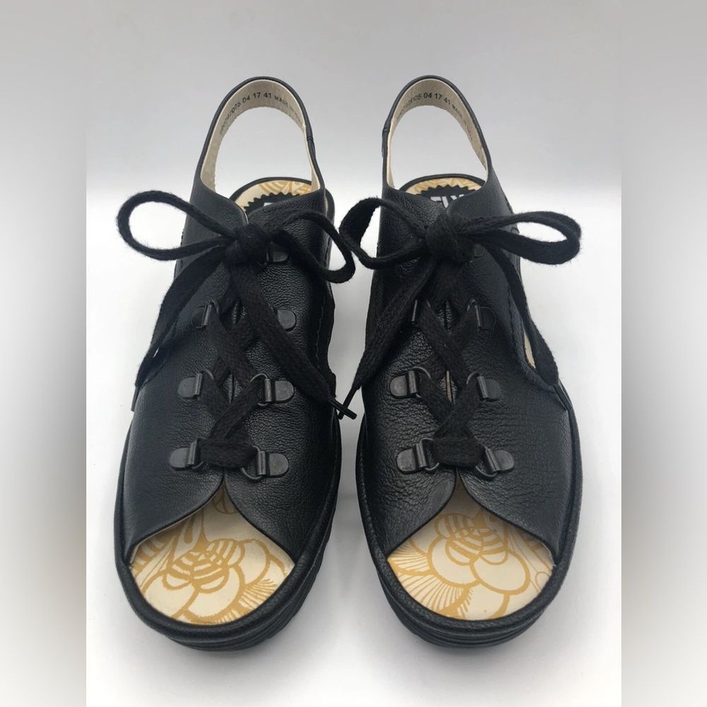 Fly London Shoes Women’s 9.5 Black Leather Lace Up Wedge Sandal Boho Festival.